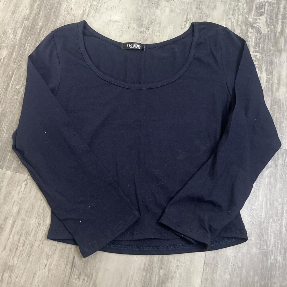 Cropped 3/4 Sleeve Scoopneck TShirt Blue Size Small